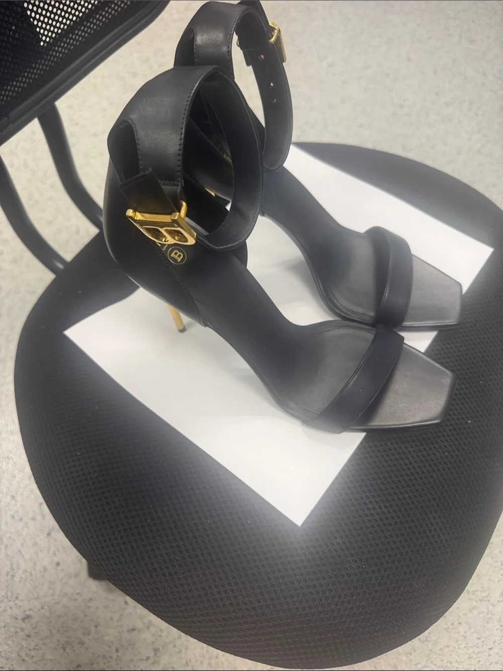 Balmain Black Leather Square-Toe Ankle-Strap Heels